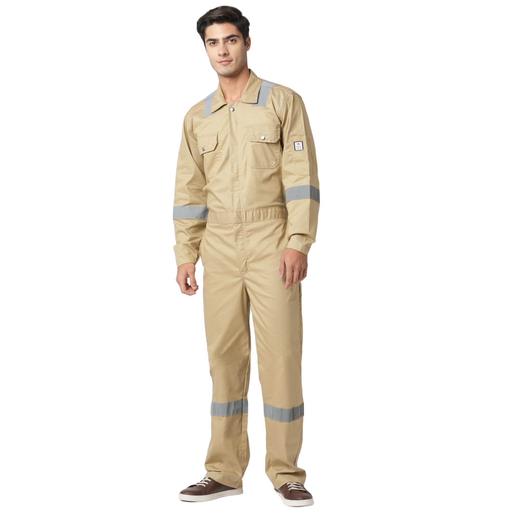 FRENCH TERRAIN® Men's 100% Cotton Pyrovatex Fire Retardant Industrial Coveralls (Boiler Suit) with Reflective Tape 240 GSM. Color_ Beige (Khaki), Size_L - 40