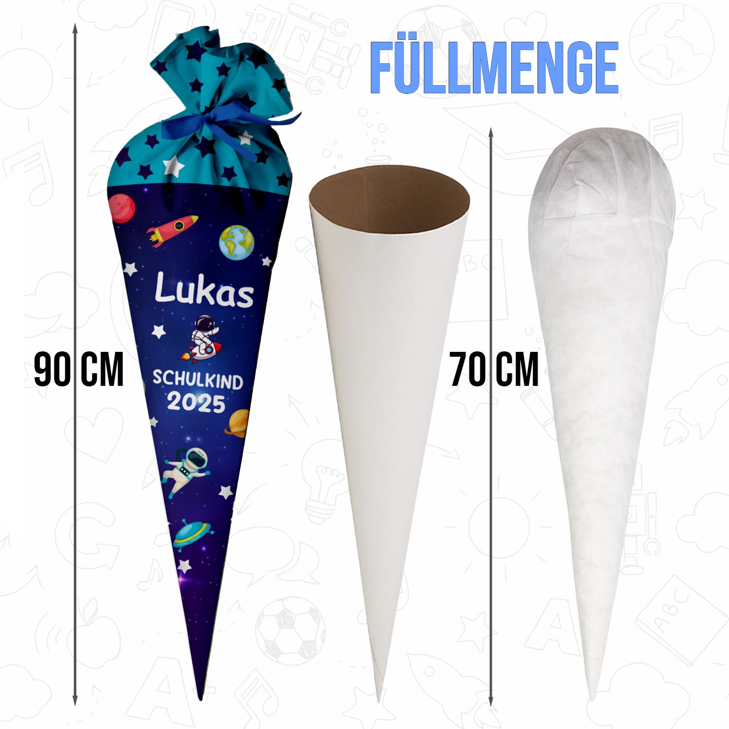 Schultüte Comos 70 cm personalisierte Zuckertüte aus Stoff mit runder Papprohling und Silikonkügelchen-Füllung