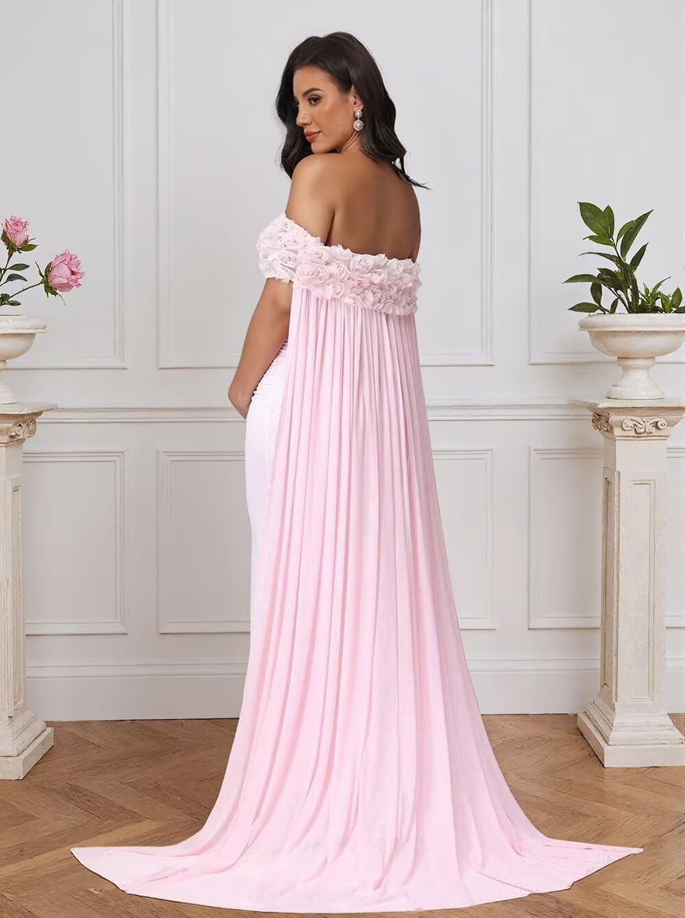 Women's 3D Floral Maternity Dresses for Photoshoot Mermaid Long Off Shoulder Baby Shower Dress with Cape