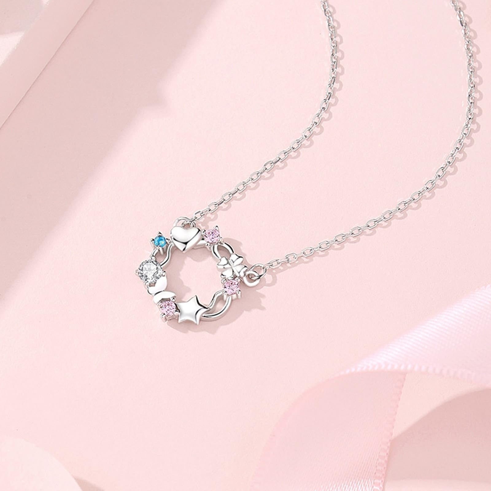 Collana in oro bianco 9 carati con zaffiro rosa lab, farfalla, stella, cuore, fiori, quadrifoglio, 45 cm