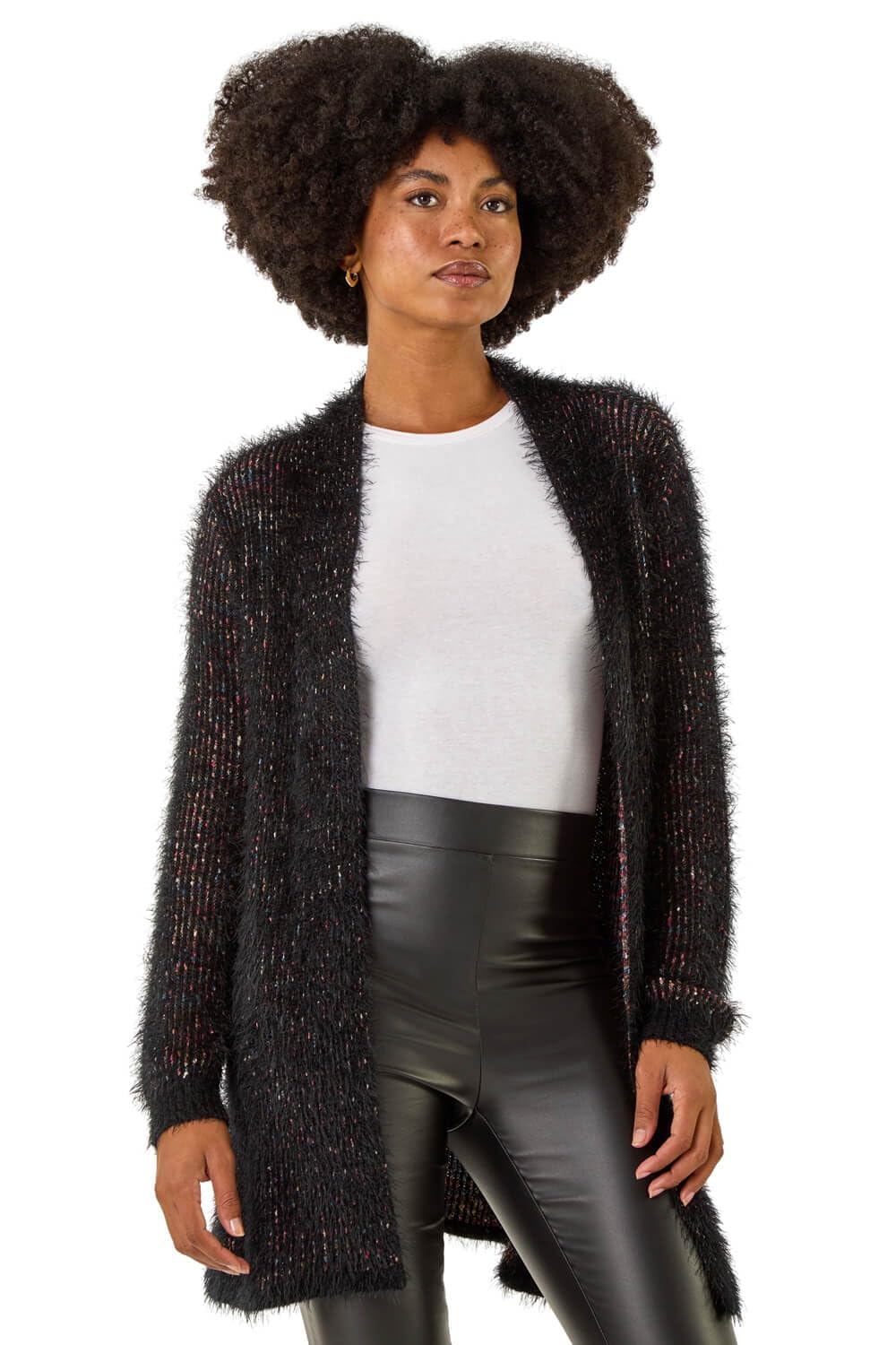 Roman Women Fluffy Cardigan Ladies Winter Cardi Longline Edge to Edge Ombre Coatigan Casual Sparkly Glittery Jacket Knitwear Knitted Autumn Fleecy Cosy Soft Coats - Noir - Size 18