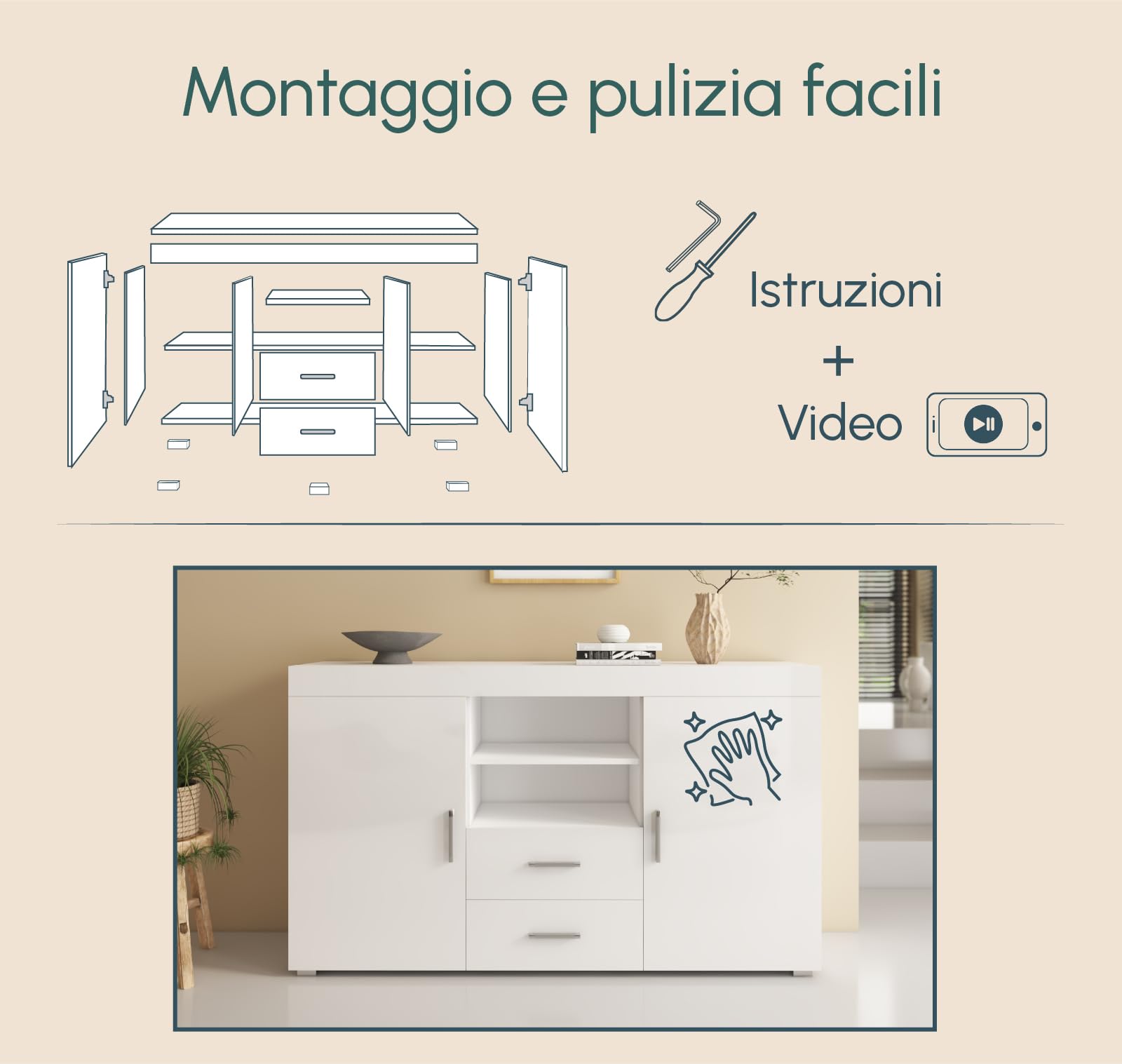 MB Muebles Bonitos, Credenza Stile Moderno Roque, Melamina Lucida, Bianco, 140x80x40cm