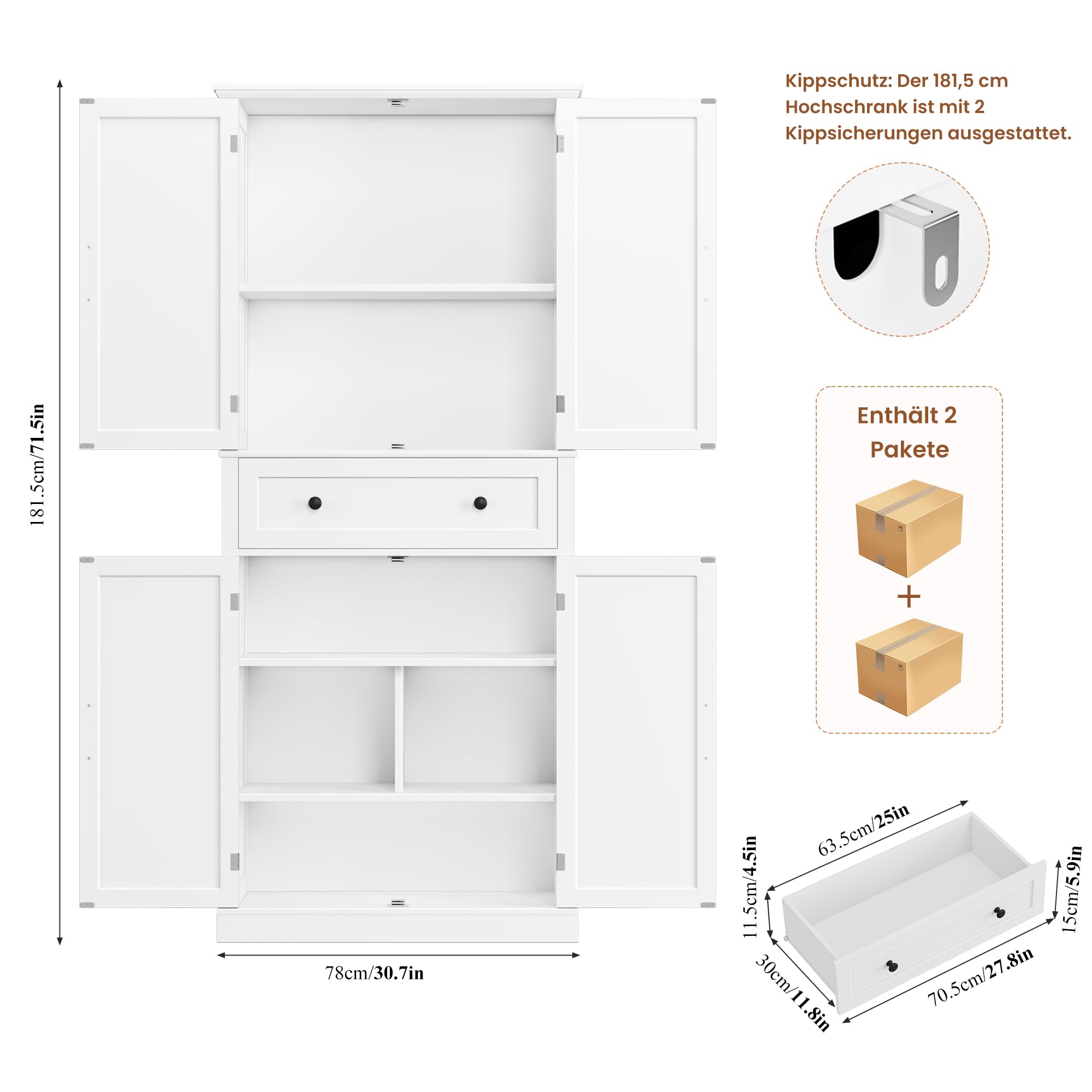 FirFurd 181cm hoher Küchenschrank, Buffetschrank, Hochschrank, Küchenbuffet