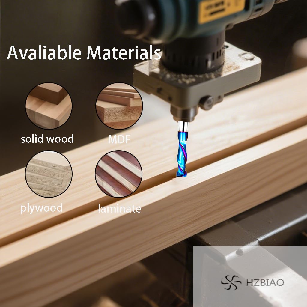 HZBIAO Spiral Router Bits Up &Down Compression Bit 1/4 inch Cutting Diameter with Nano Blue Coated, 1/4 inch Shank CNC End Mill 1Cutting Length 2-1/2 Overall Length for Wood Carving Engraver F2277