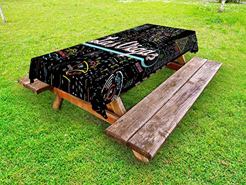 Ambesonne Las Vegas Outdoor Tablecloth Colorful Elements of Vegas Entertaintment Monochrome Buildings Sax and Bar Signs