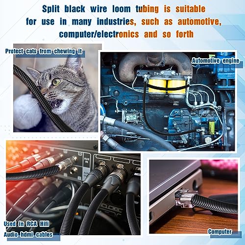 Sasylvia 1/4\" x 100 Ft, 1/2\" x 100 Ft, 3/8\" x 100 Ft Split Wire Loom Tubing Wire Conduit Bulk Flexible Electrical Wire Cover Protective Split Cable Sleeves (Black)