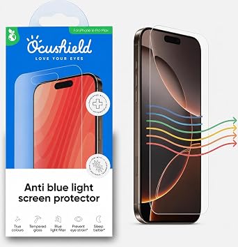 Ocushield Anti Blue Light Tempered Glass Screen Protector of iPhone 16 Pro Max 6.9" Blocks Blue Light, Prevents Eye Strain & Helps You Sleep Better, 9H Hardness & Case Friendly