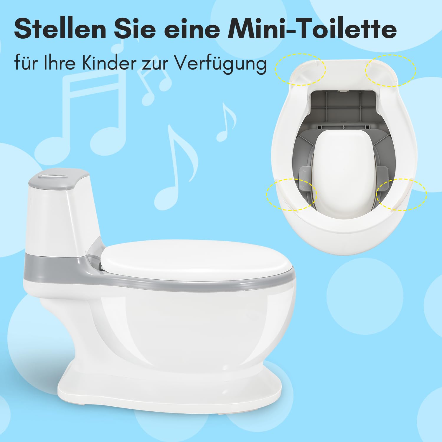 Ikodm Kinder töpfchen mit Spülgeräusch,Toilettentrainer für Kinder mit Sound und Batterien,Töpfchen für kinder weiches PU-Kissen,mit Pinsel Grau weiß