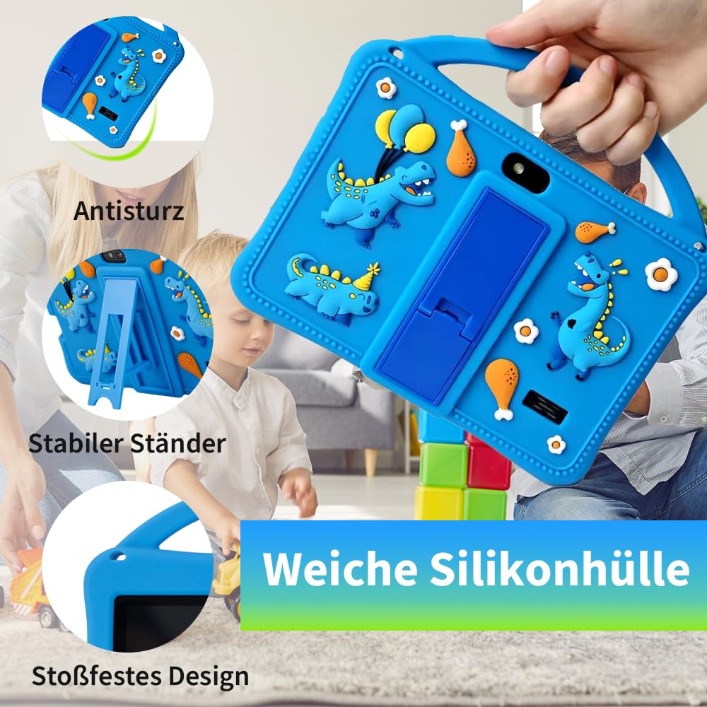 Veidoo 7-Zoll-Android-Tablets für Kinder, 2 GB RAM, 32 GB ROM, aiwawa Apps Elternsteuerung, Lernspiele, WLAN, Dual-Kamera, Silikonhülle (blau)