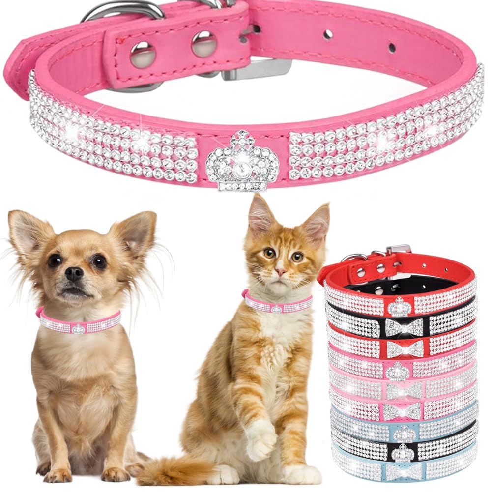Diamond Dog Collar for Small Dogs Fancy Crown Bling Crystal Dog Collar Glitter Jeweled Girl Puppy Cat Collars for XXS XS Small Medium Large Dogs (Pink,M)