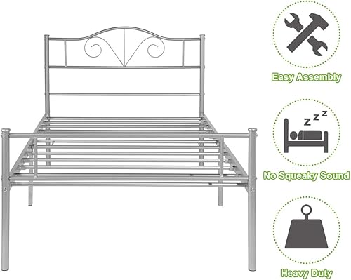 Miniatura 50 de Base de cama de metal resistente tamaño individual, base de colchón de acero, con revestimiento negro, cabecero retro para cama individual, no Negro