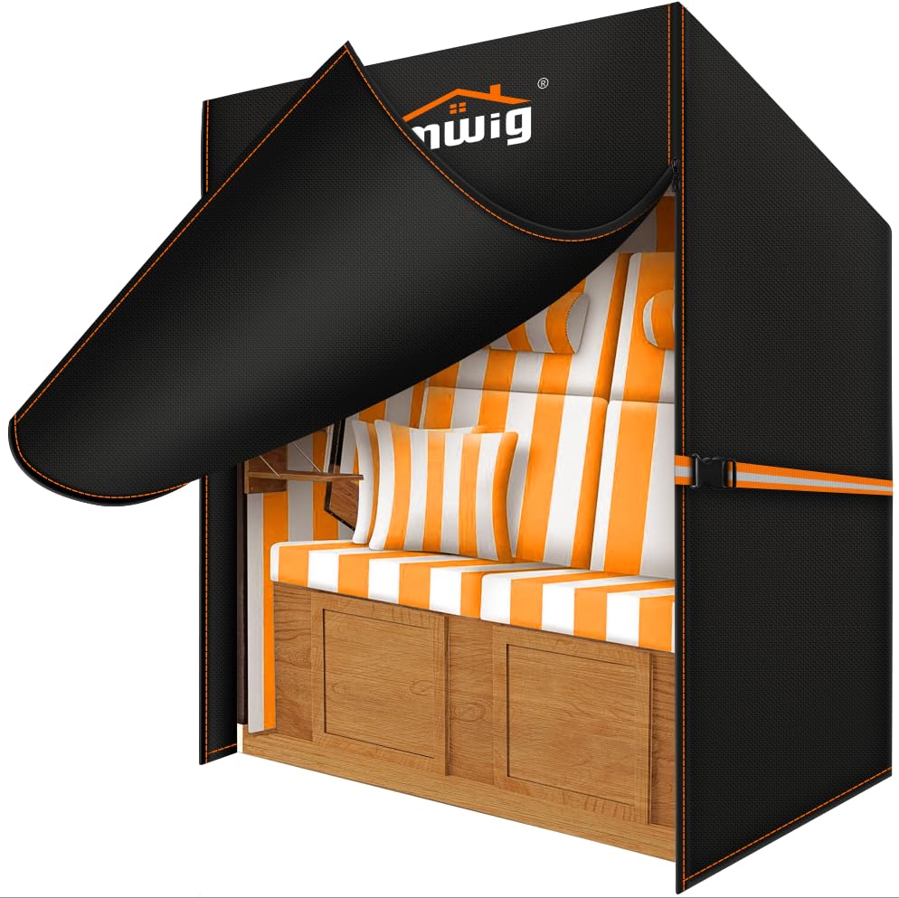 Rimwig Strandkorb Schutzhülle Winterfest,120x90x155/140cm Strandkorbabdeckung für 2 Sitzer Strandkörbe,600D Oxford Strandkorbhülle Wasserdicht,Strandkorb Abdeckhauben Mit Windschutzband