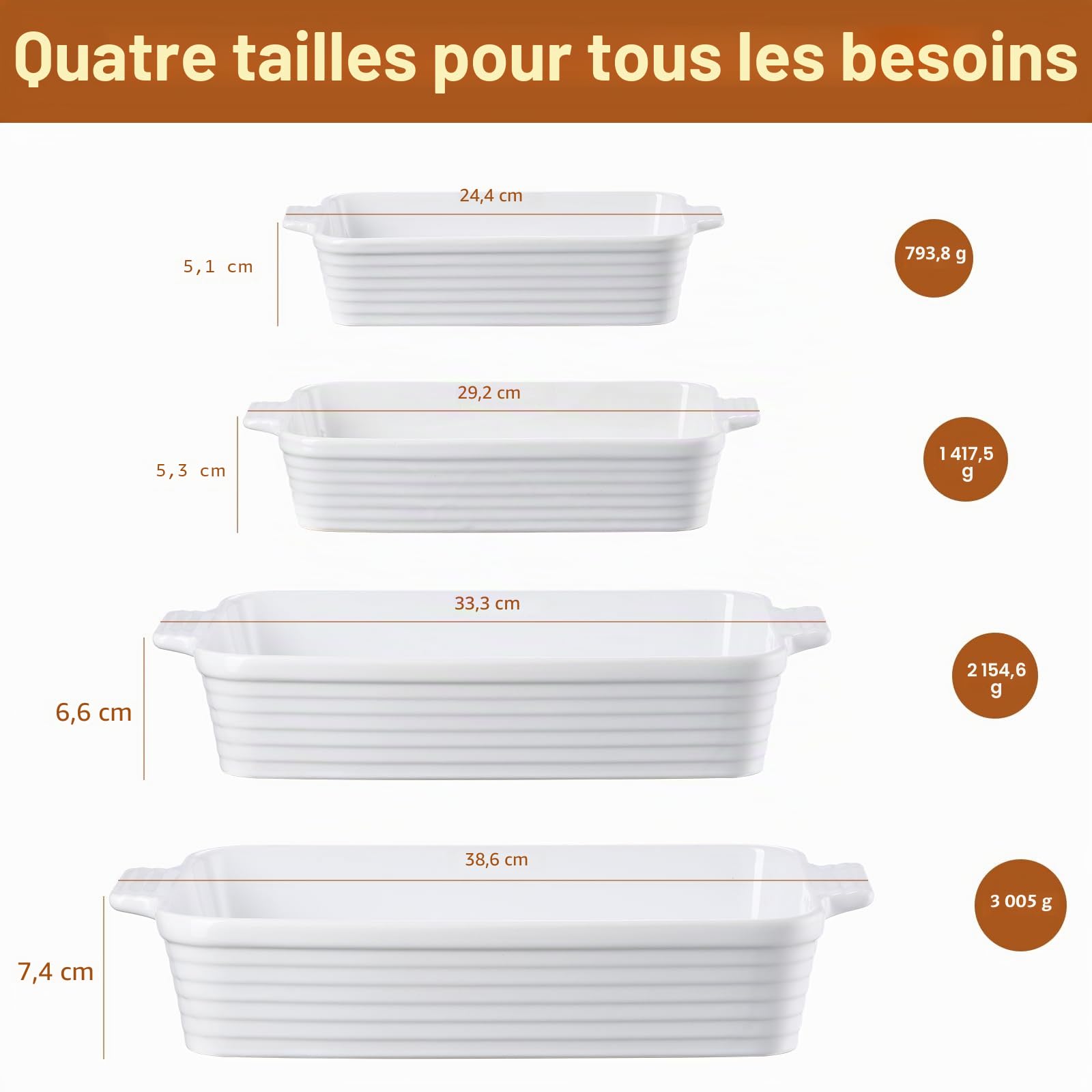 Jassceram Lot de 4 grands plats de cuisson rectangulaires profonds en céramique avec poignées - Passe au four - Pour brownie, banquet, macaroni et fromage (24,4 cm/29,2 cm/33,3 cm/38,6 cm)