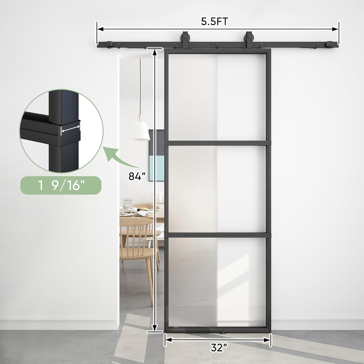BARNSMITH 32in x 84in Frosted Glass Barn Door and 5.5FT Hardware kit Included, Soft Close Mechanism,Black Carbon Steel Tempered Frosted Glass Sliding Barn Door, Easy Assembly