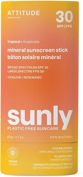 ATTITUDE Mineral Sunscreen Stick with Zinc Oxide, SPF 30, EWG Verified, Plastic-Free, Broad Spectrum UVA/UVB Protection, Dermatologically Tested, Vegan, Tropical, 2.1 Ounces