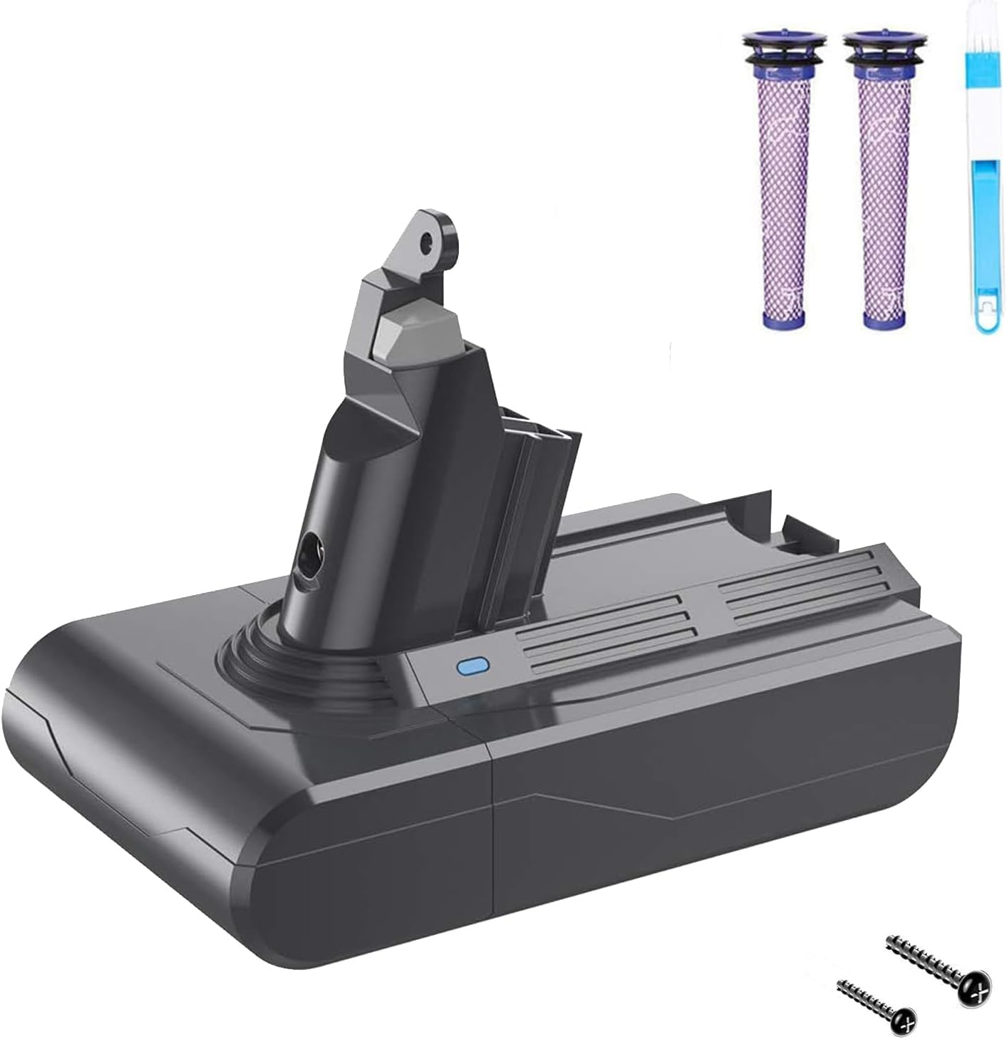 Image of the V6 replacement battery, two filters, a brush, and two screws