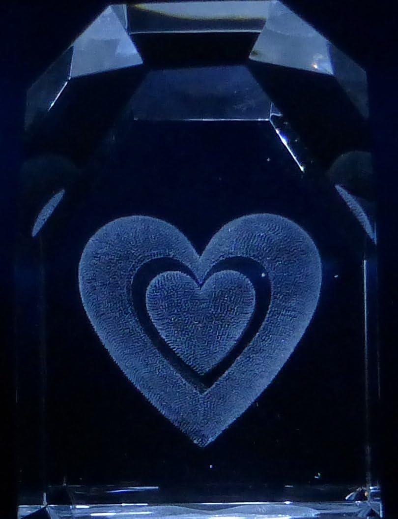 3D Laser Etch Glass Crystal Heart in Heart 2 1/4 Inch x 1 1