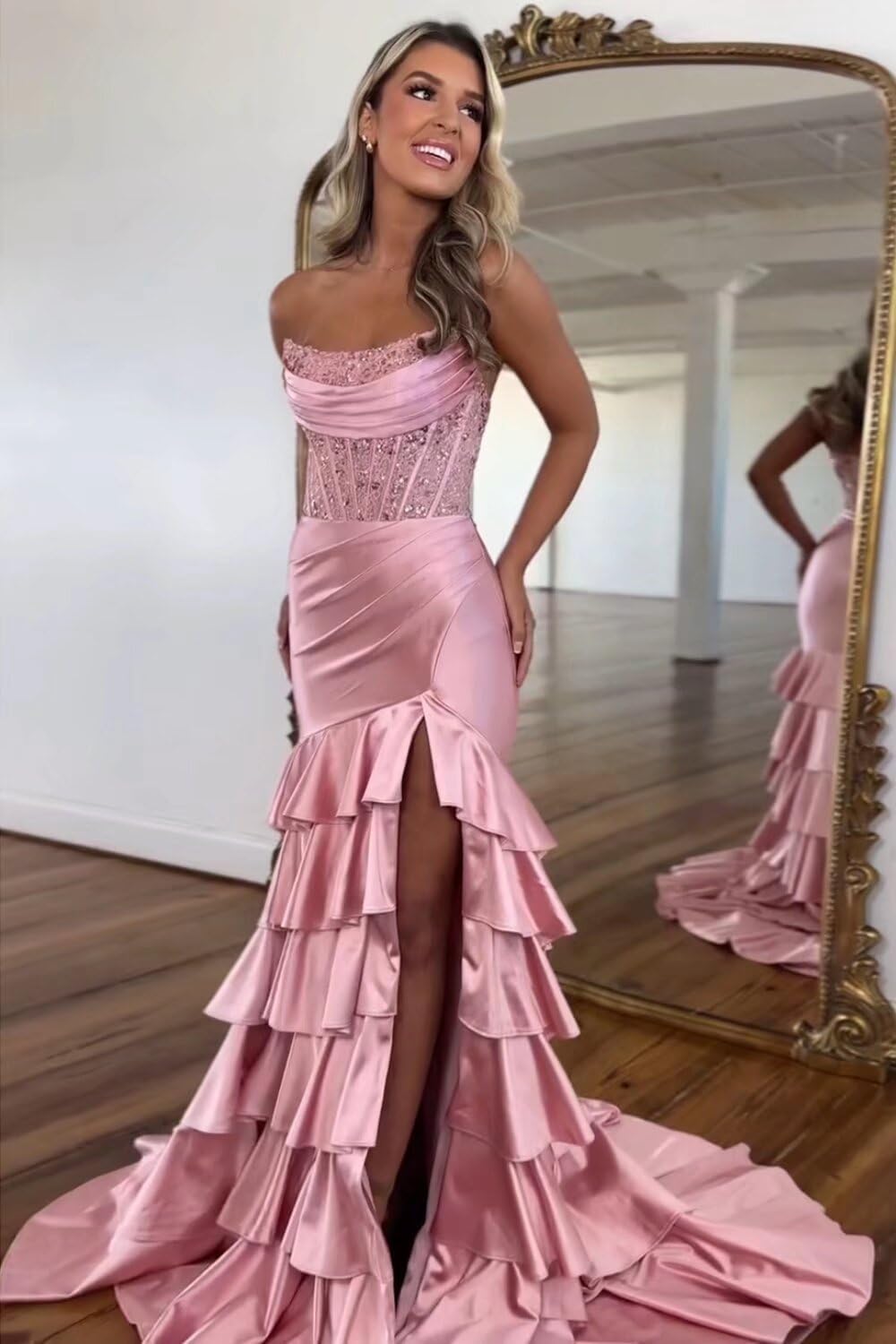 Yuxin Sequin Tiered Prom Dresses for Women 2025 Mermaid Long Satin Ball Gown Formal Evening Gowns with Slit 953
