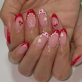 French Tip Press on Nails Short Almond Press on Nails with Cherry Flowers Design Cute Fake Nails Summer Glue on Nails Red French Tip Nails Glossy Pink Acrylic Full Cover Stick on Nails for Women 24PCS