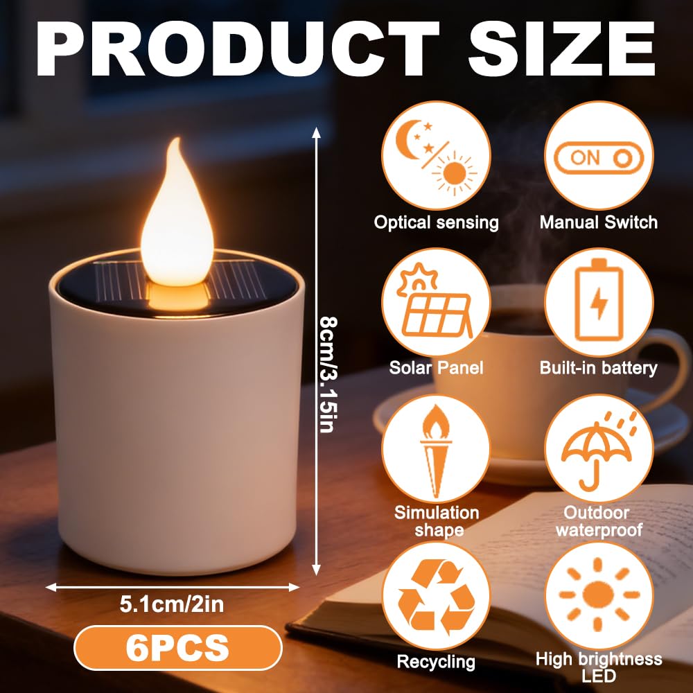 NAVESO 6 Pièces Bougies Solaires Exterieures Jardin, Bougies à LED Solaire, LED Bougies Chauffe-Plats pour Jardin, Terrasse, Balcon, Patio Décoration, Sans Flamme Étanches