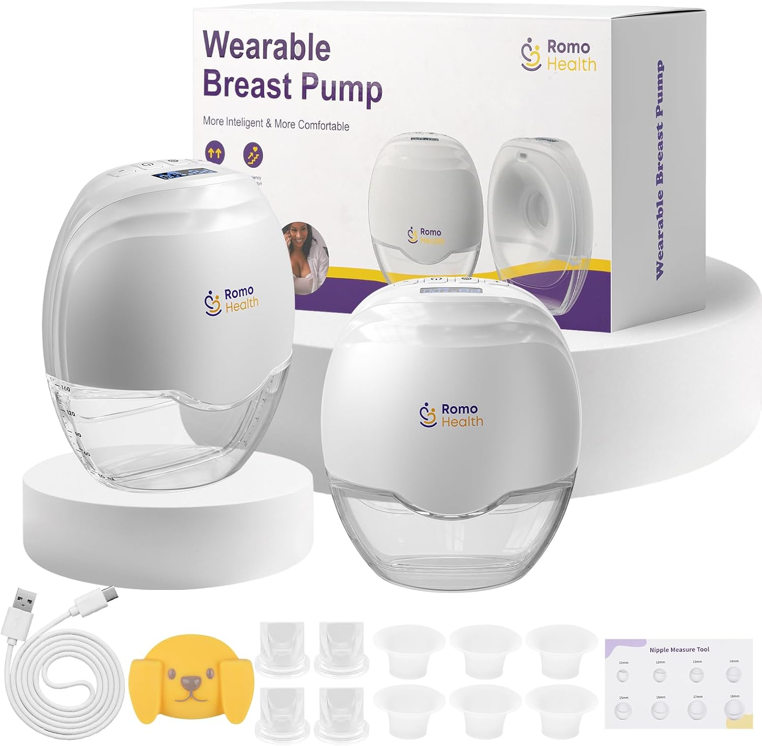 ROMO-GLE/21 Breast Pump Hands Free - 2 Pack Wearable Breast Pump, Electric Portable Breastfeeding Pump with 3 Modes & 8 Suction Levels, Smart Display, 3 Sizes of Flange Inserts(17mm, 19mm, 21mm)