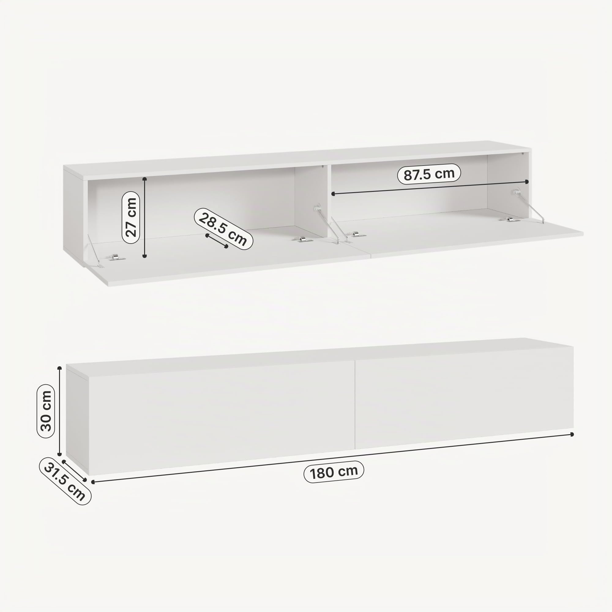 [en.casa] Meuble TV Mural Evaton 180 x 32 x 30 cm avec 2 Portes Abattantes Support Télé Flottant Étagère Moderne avec 2 Compartiments de Rangement Salon Chambre Bureau Blanc Mat