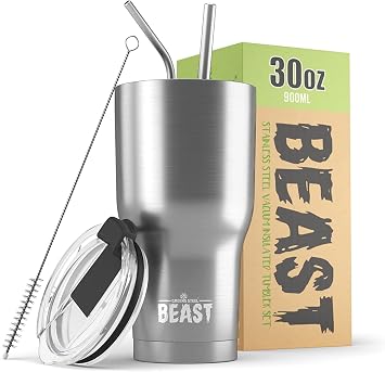 Beast Tumbler - 900 ml 30 oz, Silver | Reusable Stainless Steel, Vacuum Insulated Cup | with + 2 Straws & Cleaning Brush | Double Wall Travel Flask Perfect for Hot or Iced Coffee | BPA Free