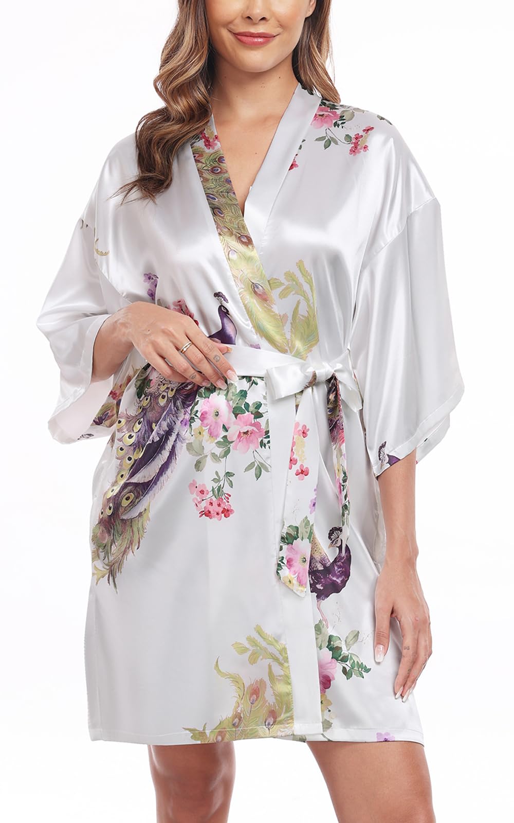 BestWendding Womens Short Satin Robes Bride Bridesmaid Silky Robes Lightweight Kimonos Peacock and Floral Dressing Gown