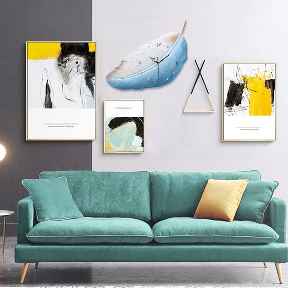 Creative DIY Feather Shape Wall Clock, Wall Clock Silent Non Ticking Clock, Simple Rural Style Wall Clocks, Modern Design Luxury Resin 3D Quartz Watches Clocks for Home Decor (Color : Blue+white)
