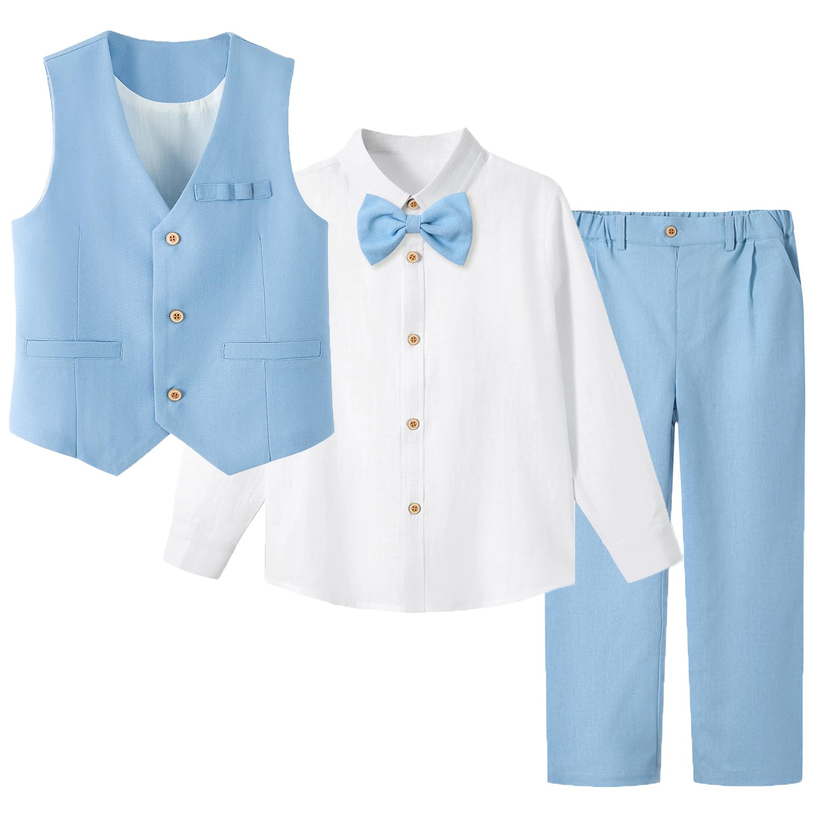 LOLANTA Jungen Leinenanzug Kleid Kleidung Kinder Abschlussfeier Hochzeit Outfit 4-teiliges Hemd Weste Hosen Set mit Fliege