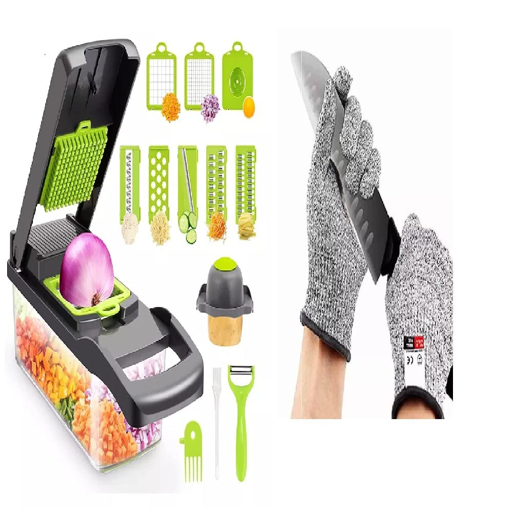 Vegetable Chopper,Pro Onion Chopper,14 in 1Multifunctional Food Chopper,Plus Kitchen Gloves, Kitchen Vegetable Slicer Dicer Cutter,Veggie Chopper With 8 Blades,Carrot and Garlic Chopper With Container