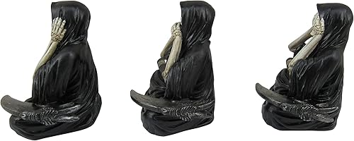 Miniatura 5 de DWK See No Evil Speak No Evil Hear No Evil Grim Reaper Figuras decorativas | Decoración de estante gótico de 3 piezas | Figura de la parca y