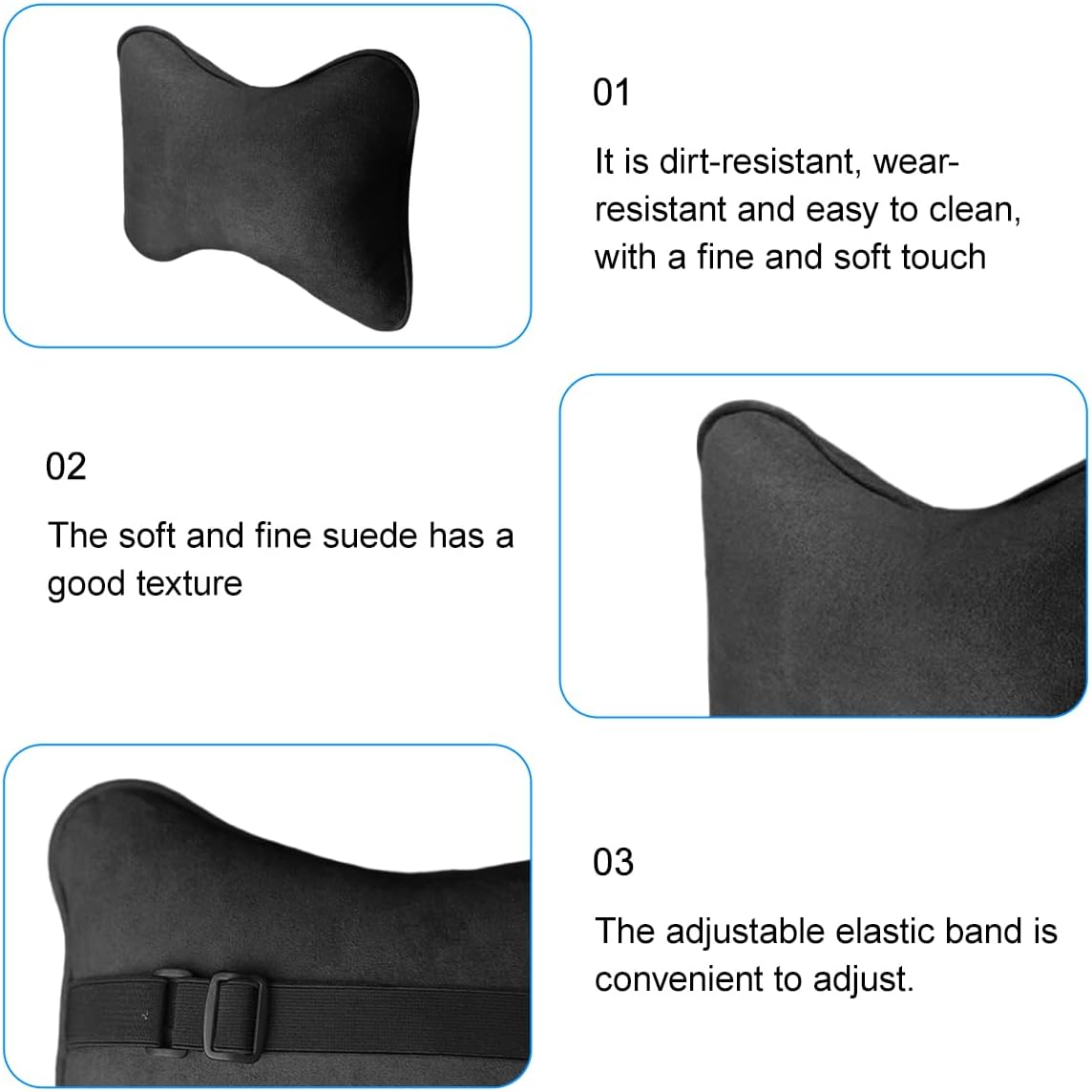 Car Headrest Pillow, Suede Soft Comfortable Breathable Vehicle Seat Neck Support Cushion with Adjustable Strap, Ergonomic Design Auto Head Rest Pad, Universal for Sedan RV Truck (Black)