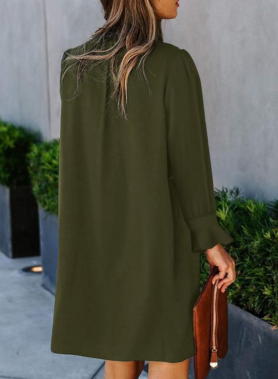 Wkior Fall Dress for Women Long Sleeve Solid Color Casual Swing Elegant Dress Green S - Image 3