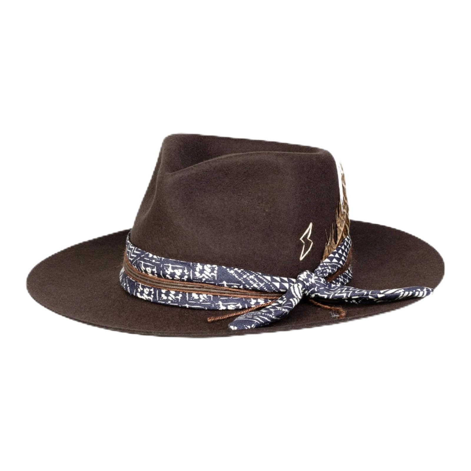 RUEDIGER Vintage Wide Brim Fedora Hats 100% Wool Stiff Felt Hat Rancher Hat with Lightning Logo Handmade Distressed/Burned