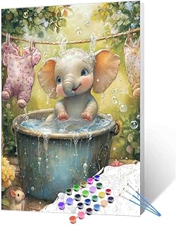 Baby Elephant Bath Paint by Numbers Kit for Adults Beginners on Canvas,Cute Animal Garden Scene DIY Oil Painting Crafts Acrylic Paintwork Home Wall Decoration Gifts 16X20 Inch (Frameless)