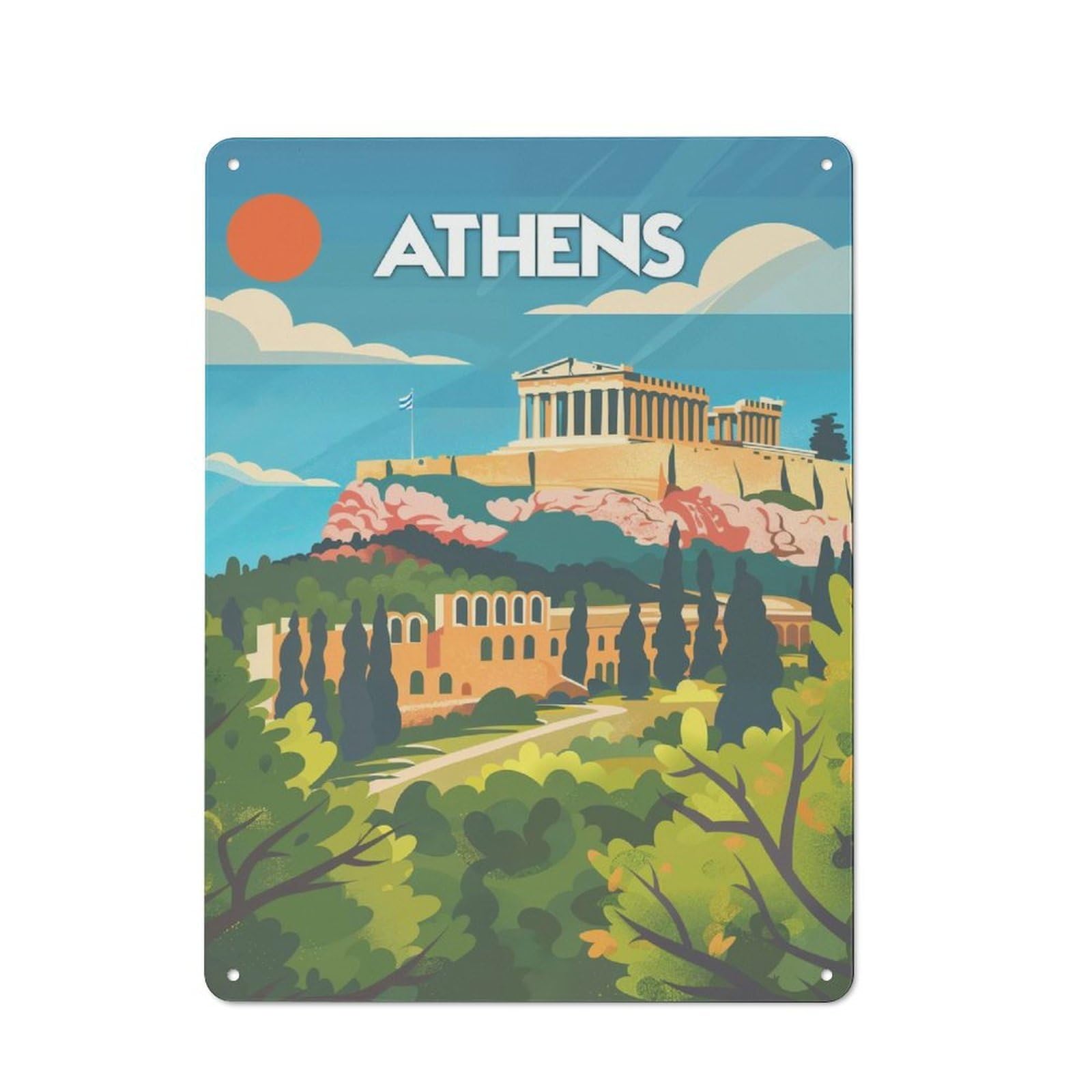 Junmoney Style-21 Athens Acropolis View Decorative Metal Sign 40X30cm, Country Style Bistro Wall Plaque For Kitchen, Cafe, Pantry Or Dining Room