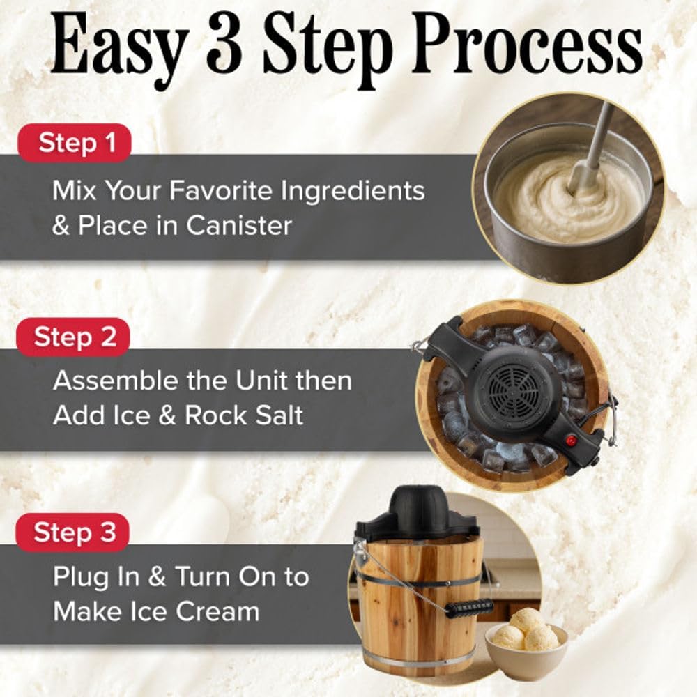 Electric Ice Cream Maker Machine - 4 Quart Old Fashioned Icecream Maker with Hand Crank and Electric Paddle - Pine Wood Bucket Ice Cream Machine for Frozen Yogurt, Gelato, Sorbet by Classic Cuisine