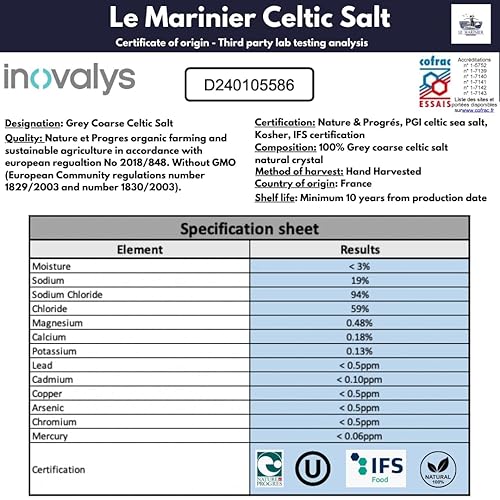 Miniatura 3 de Le Marinier Celtic Salt Sal marina gruesa gris, 1.1lb - 18oz. Sal marina francesa sin refinar 100% natural, sal celta mineral cosechada a mano, Sel