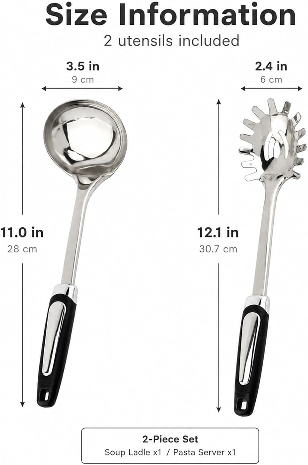 Stainless Steel Ladle & Spaghetti Spoon Set, Heat Resistant Rubber Handle