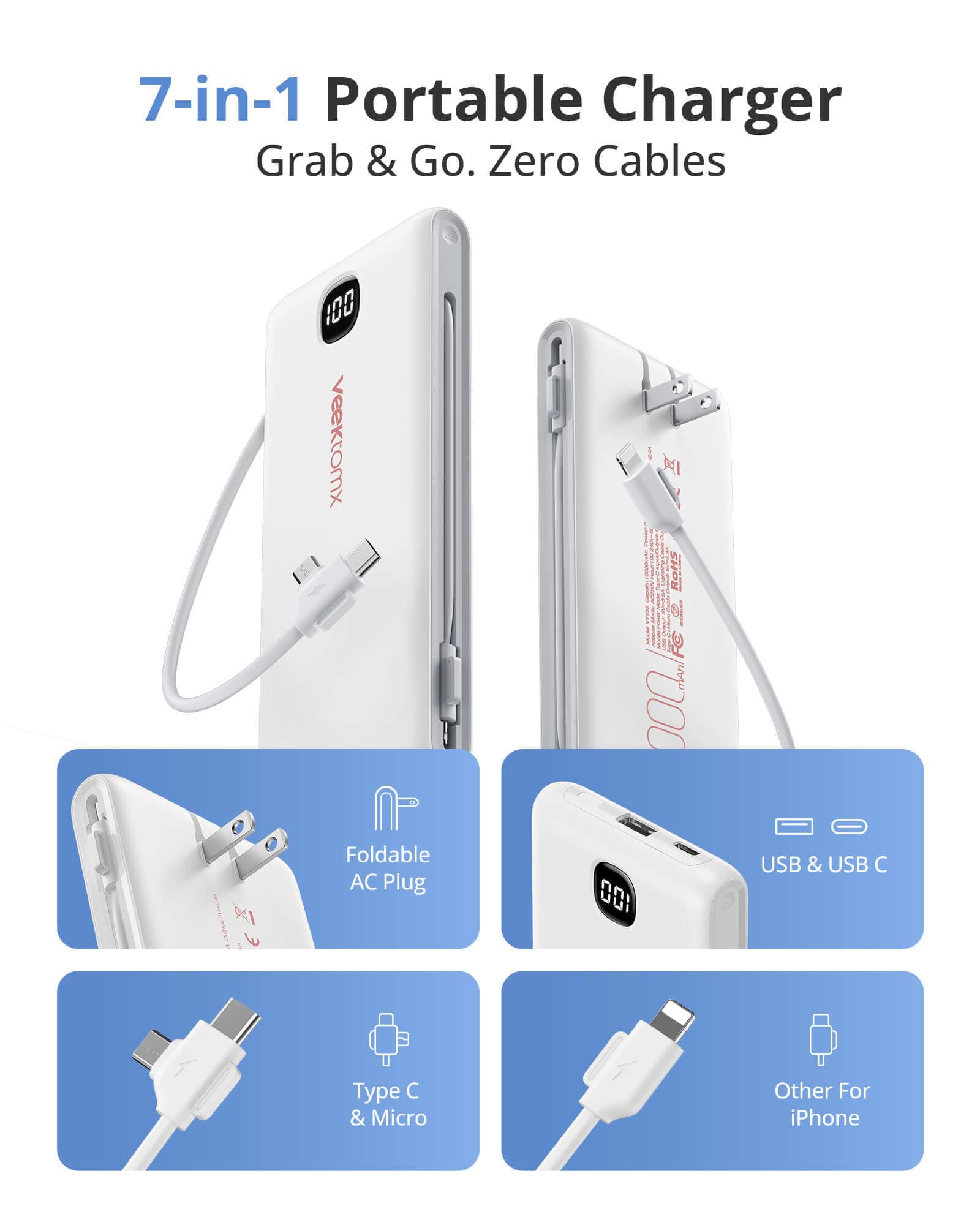 VEEKTOMX 10000mAh Portable Charger with Built-in Cables & Wall Plug view 5