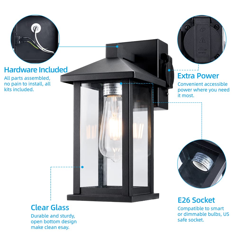 Outdoor Wall Lantern with Outlet, Exterior Waterproof Wall Sconce Light Fixture with E26 Base Socket, Matte Black Anti-Rust Wall Mount Lights with Clear Glass Shade for House Garage Doorway - 2Pack