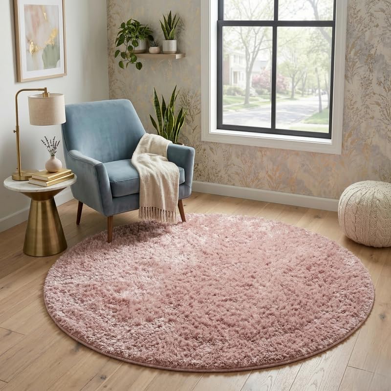 Image of Plain Fur Rugs Bedroom Home Drawing Room Kitchen Rectangle 9x9 Feet Round Peach Pink