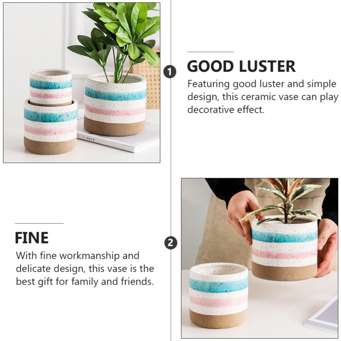 UKCOCO Blumentopf Handbemalt Keramik Tischblumentopf 2 Stück Ungebrannter Topf Schlichtes Design für Sukkulenten und Blumen für Café und Wohnzimmer