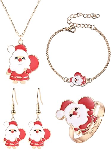 NOKMIT Christmas Jewelry Set for Women Girls Xmas Necklace Earrings Bracelets Ring Set Santa Elk Reindeer Christmas Tree Holiday Jewelry Gifts