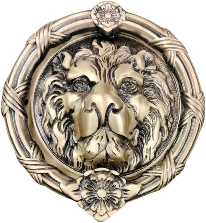 Hardware Handle Solid Brass Lion Face Round Shape Door Knocker, Antique Brass Finish, Rectangular Shape, Heavy Duty, 5.5 Inch