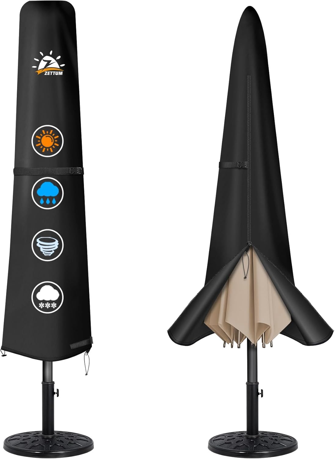 Zettum Patio Umbrella Cover - 600D Umbrella Cover Waterproof & Heavy Duty, Outdoor Umbrella Covers with Zipper, Large Patio Parasol Covers Provide All-Weather Protection, Fits Market Umbrellas 7-10 FT