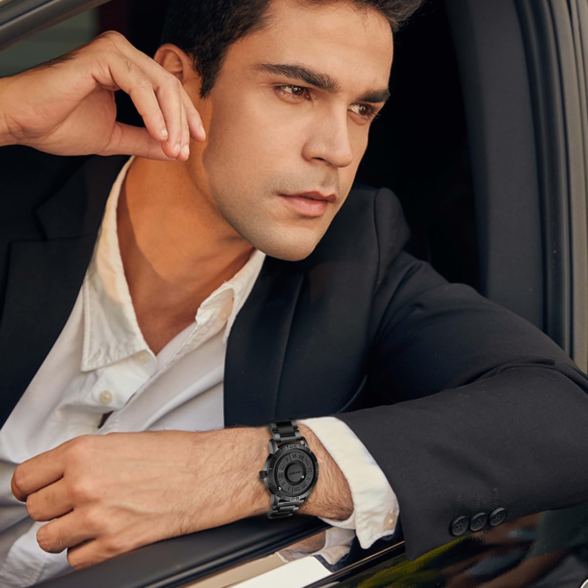 Magnetic Bead Men's Watch,Creative Magnetic Floating Ball Pointer Quartz Analog Watches for Men, Roman Numeral Dial,Waterproof Leather Strap Mens Watches