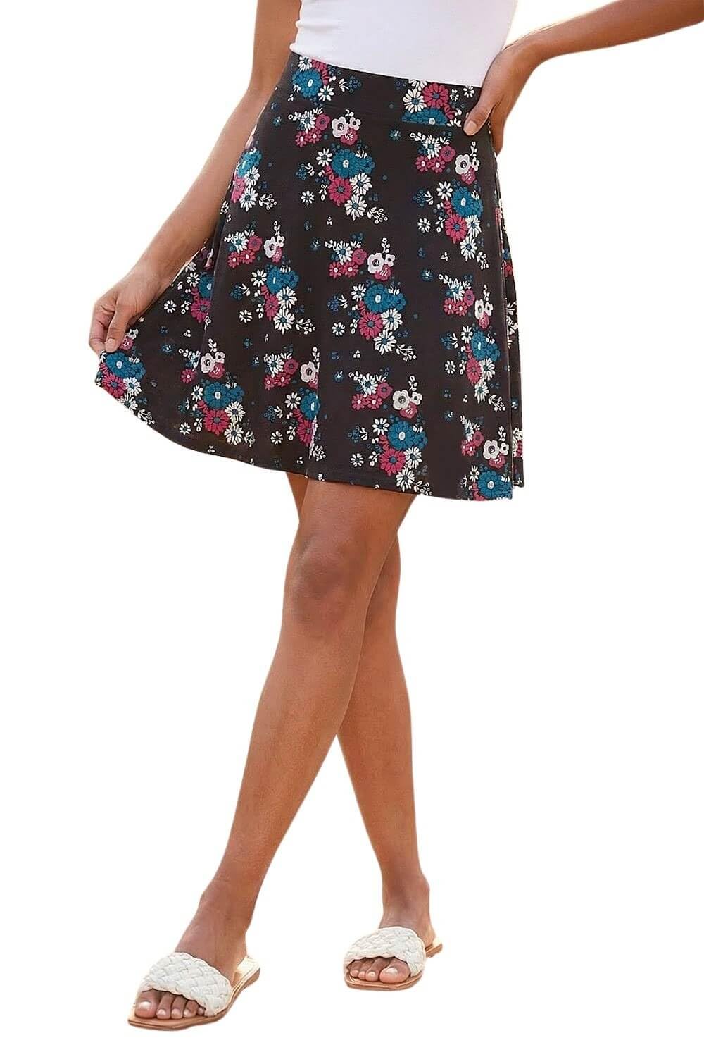Roman Women's Black Floral Print Skater Stretch Skirt In Size 14