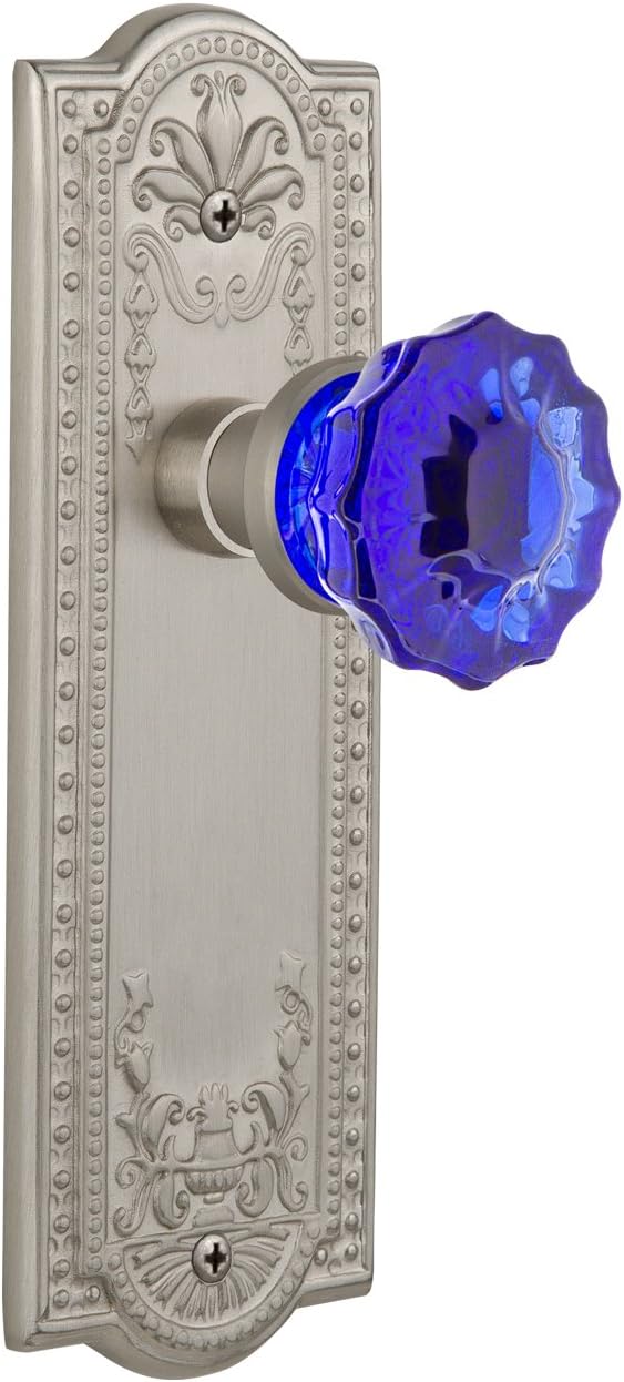 Nostalgic Warehouse 722369 Meadows Plate Single Dummy Crystal Cobalt Glass Door Knob in Polished Brass